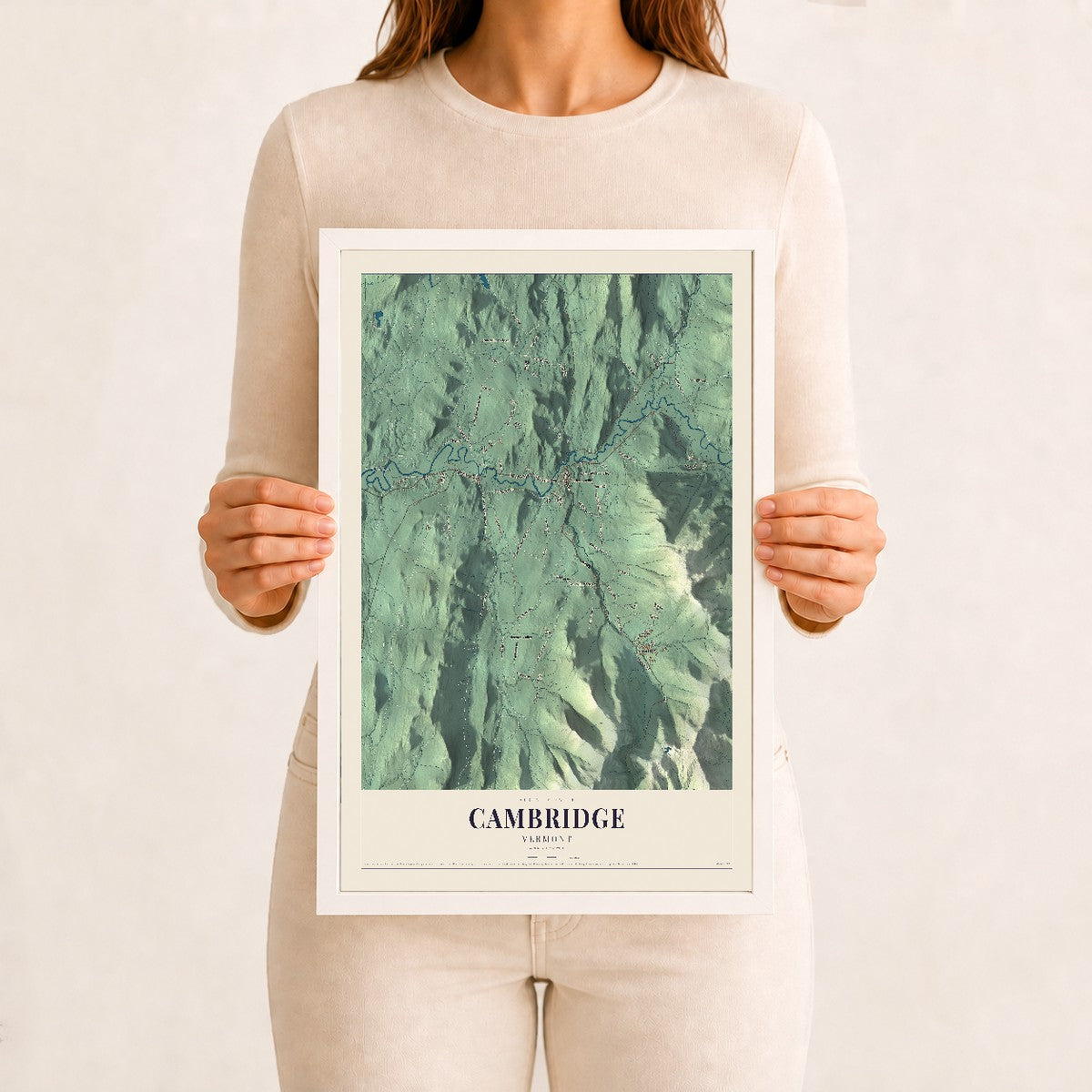 Cambridge, Vermont map print - 12 x 18 white Ayous wood frame