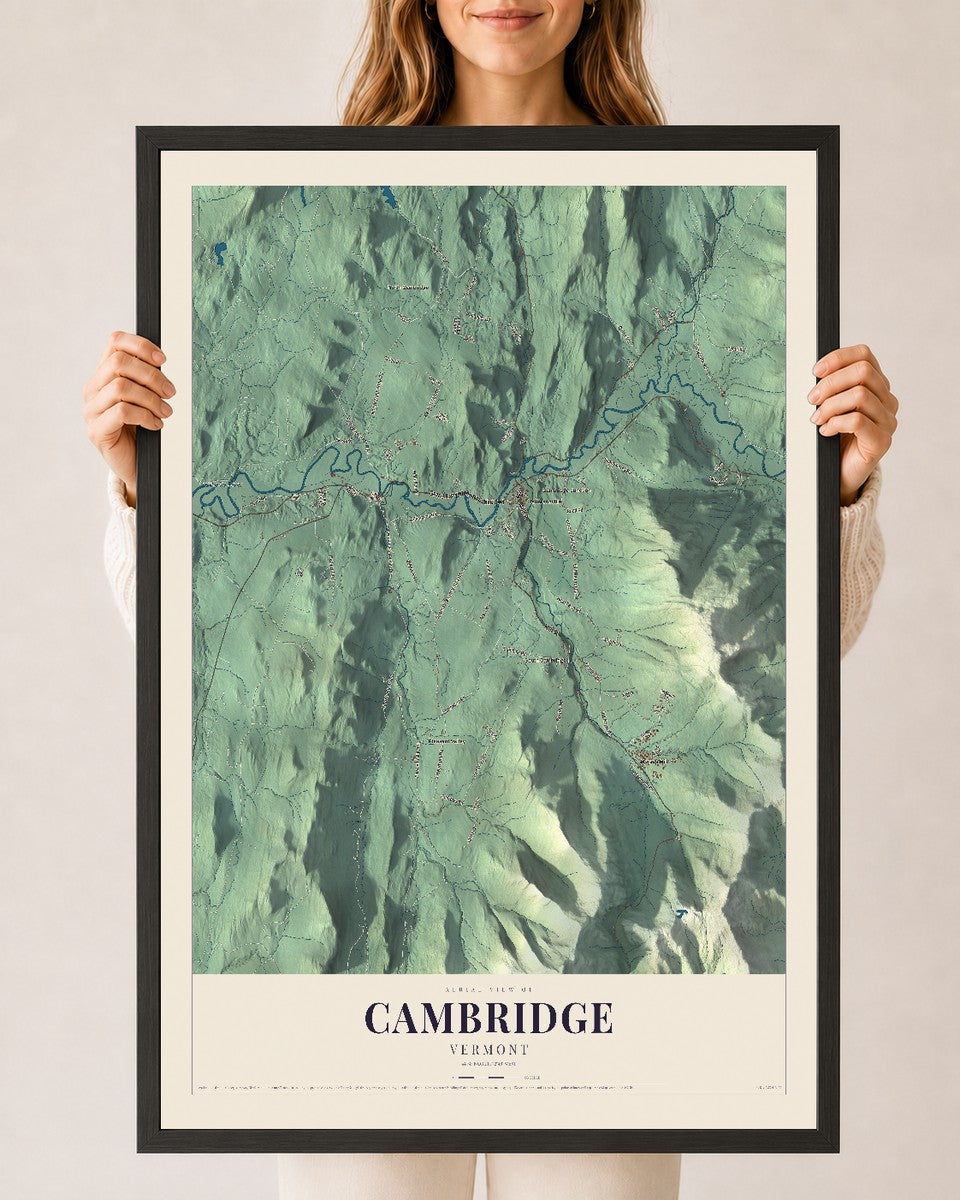 Cambridge, Vermont map print - 24 x 36 black Ayous wood frame