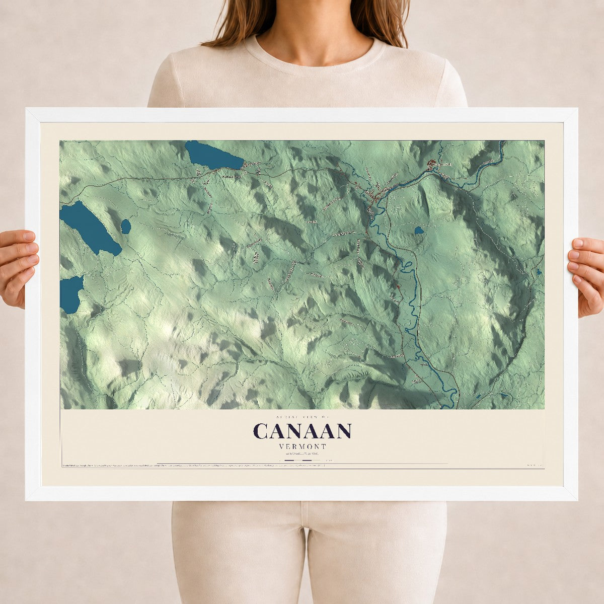 Map of Canaan, Vermont, 18 x 24 inch print in a white wood frame