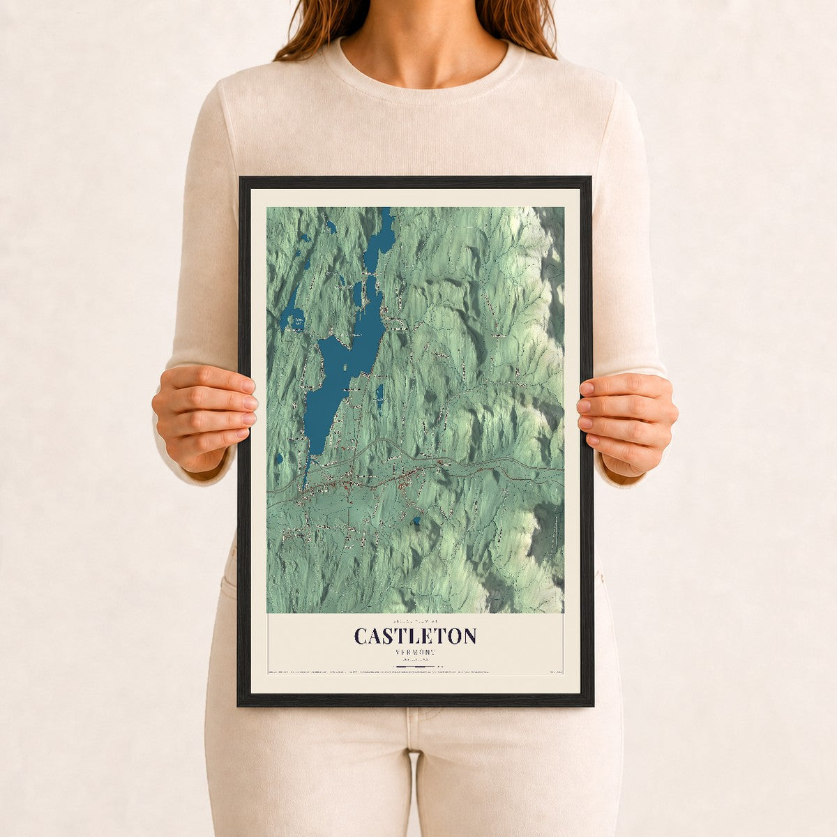 Castleton, Vermont map print - 12 x 18 black Ayous wood frame