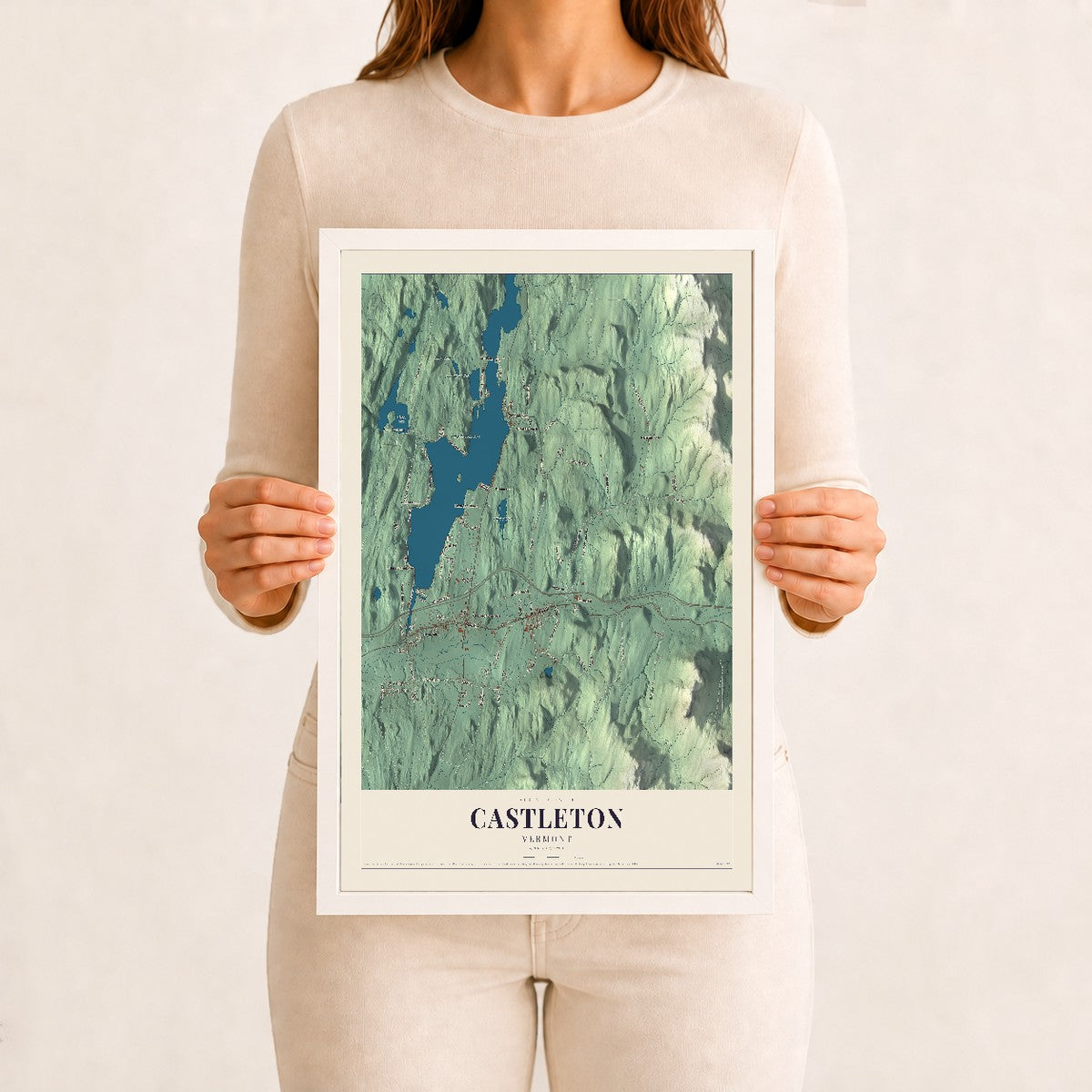 Castleton, Vermont map print - 12 x 18 white Ayous wood frame