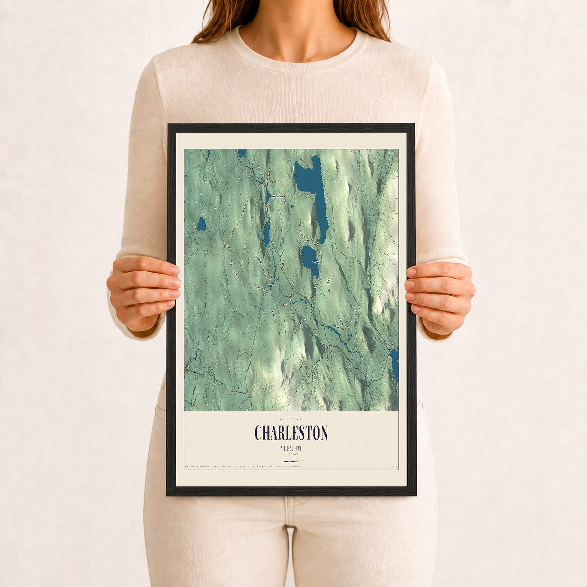 Charleston, Vermont map print - 12 x 18 black Ayous wood frame