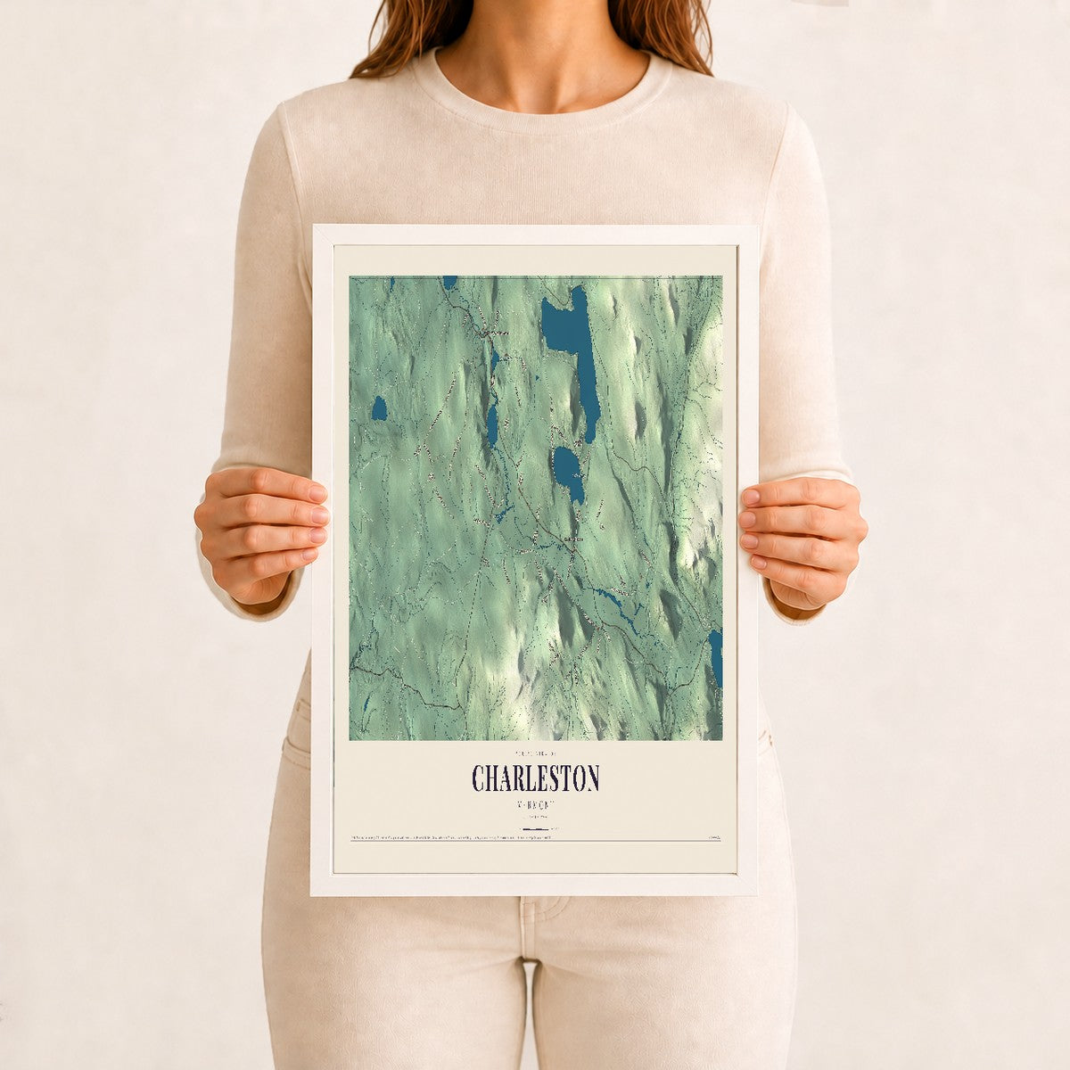 Charleston, Vermont map print - 12 x 18 white Ayous wood frame