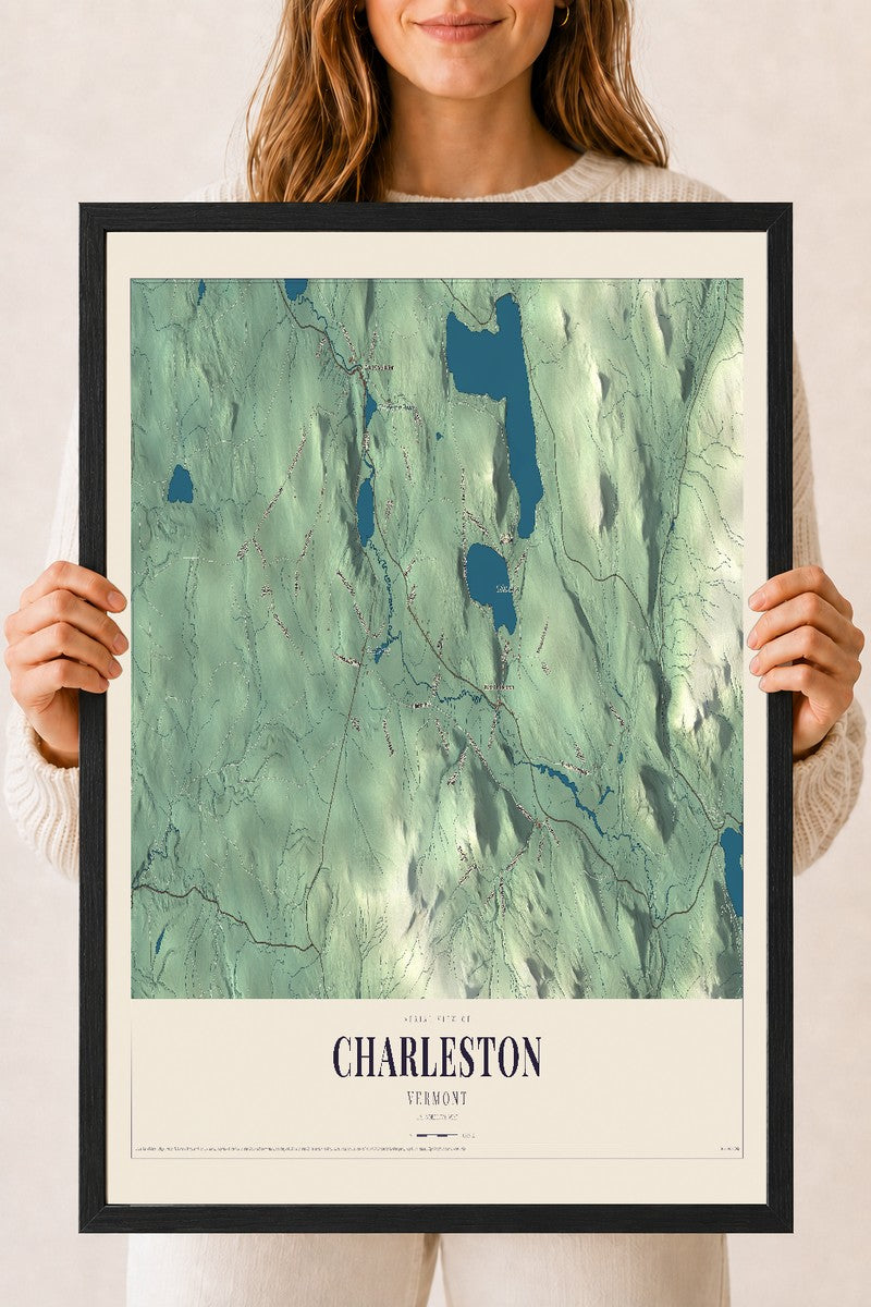 Charleston, Vermont map print - 18 x 24 black Ayous wood frame