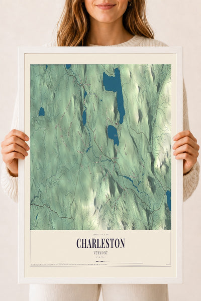 Charleston, Vermont map print - 18 x 24 white Ayous wood frame
