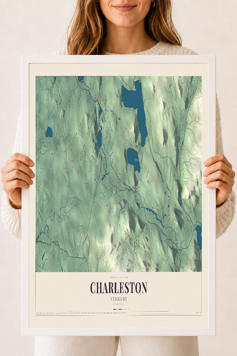 Charleston, Vermont map print - 18 x 24 white Ayous wood frame