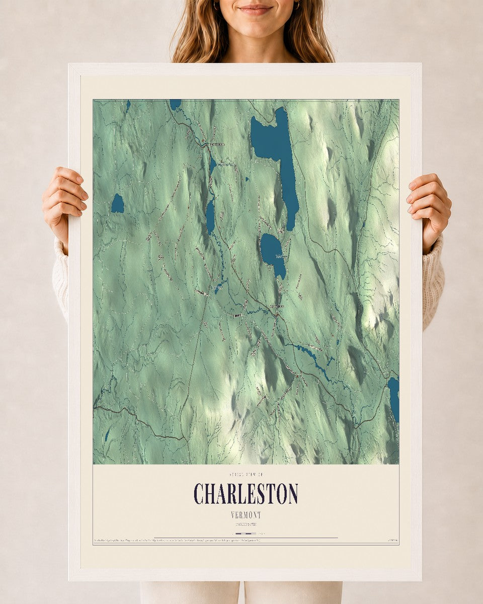Charleston, Vermont map print - 24 x 36 white Ayous wood frame