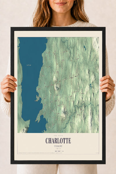 Charlotte, Vermont map print - 18 x 24 black Ayous wood frame