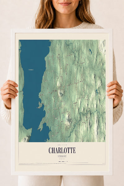Charlotte, Vermont map print - 18 x 24 white Ayous wood frame