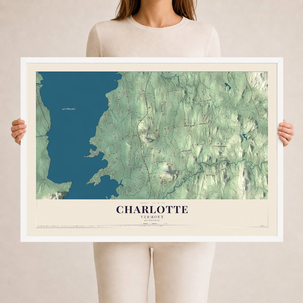 Map of Charlotte, Vermont, 24 x 36 inch print in a white wood frame