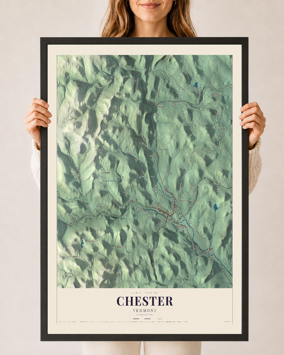 Chester, Vermont map print - 24 x 36 black Ayous wood frame