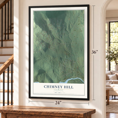 Chimney Hill, Vermont map, 24 x 36 inch print in a black frame by a staircase