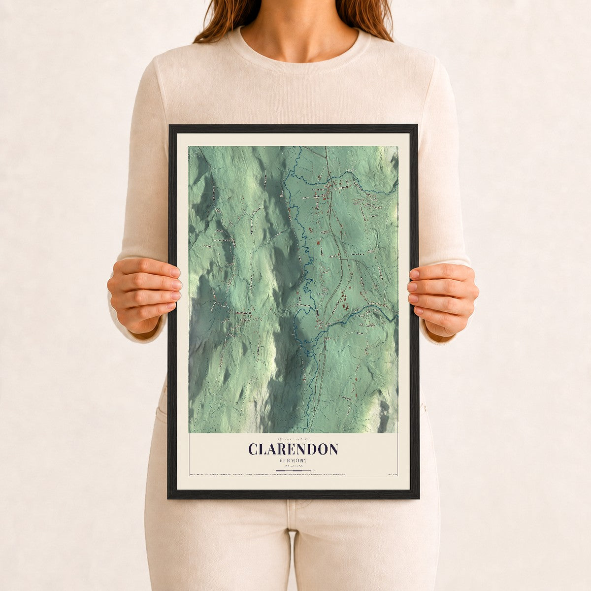 Clarendon, Vermont map print - 12 x 18 black Ayous wood frame