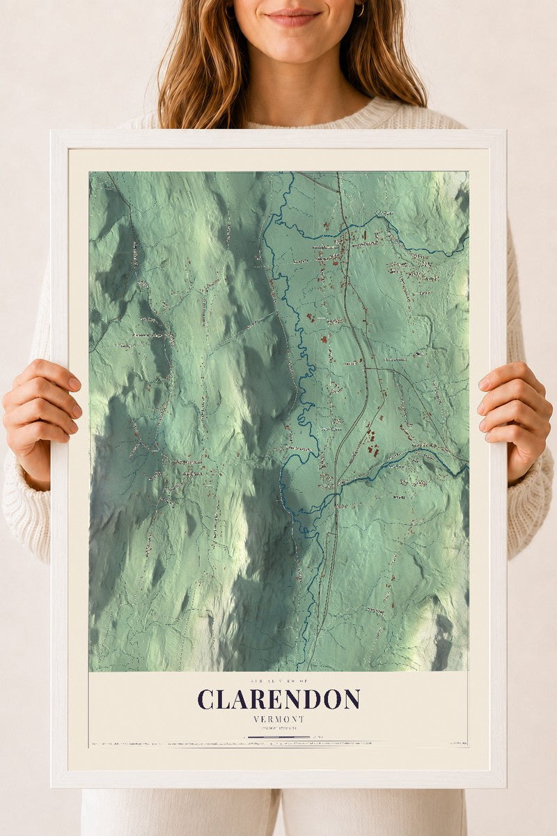 Clarendon, Vermont map print - 18 x 24 white Ayous wood frame