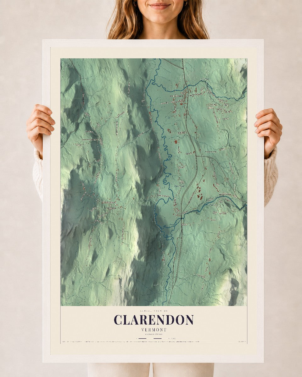 Clarendon, Vermont map print - 24 x 36 white Ayous wood frame