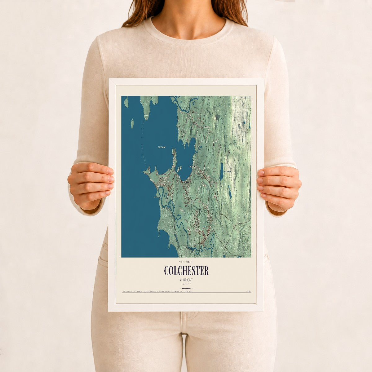 Colchester, Vermont map print - 12 x 18 white Ayous wood frame