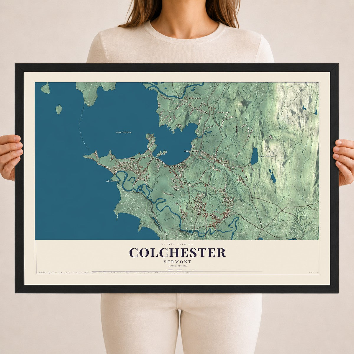 Map of Colchester, Vermont, 18 x 24 inch print in a black wood frame
