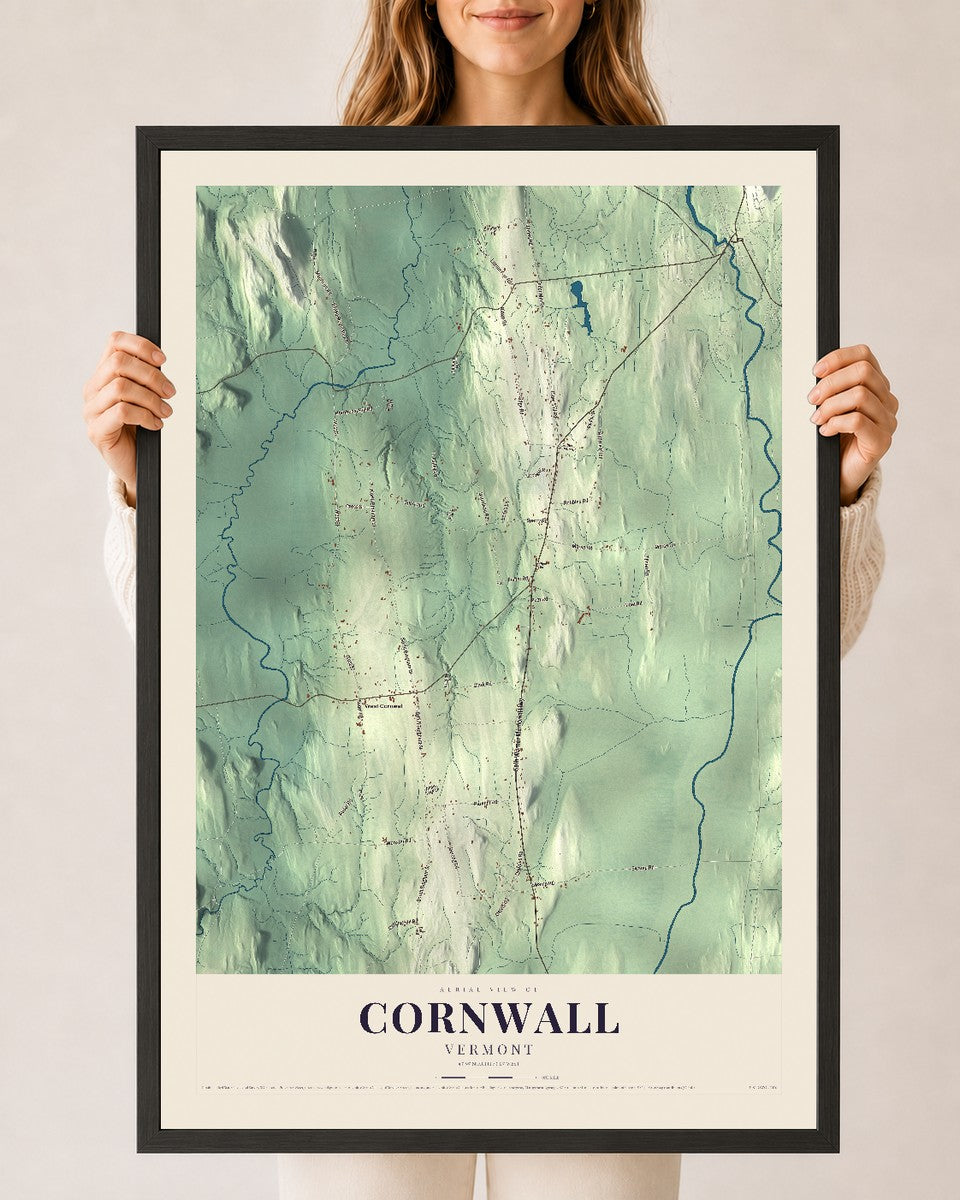 Cornwall, Vermont map print - 24 x 36 black Ayous wood frame