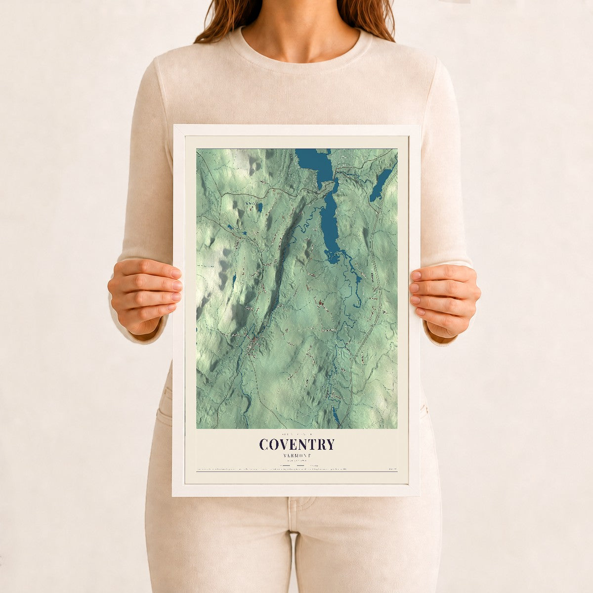 Coventry, Vermont map print - 12 x 18 white Ayous wood frame