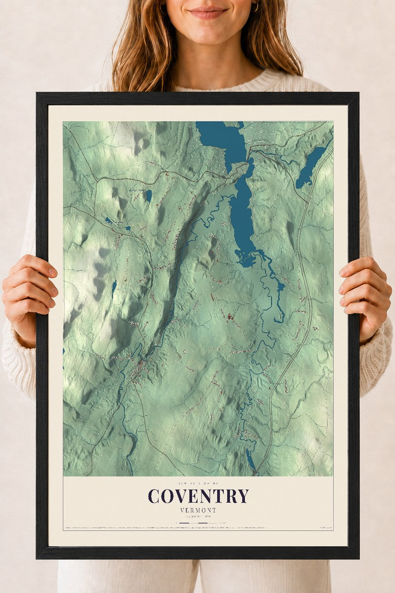 Coventry, Vermont map print - 18 x 24 black Ayous wood frame