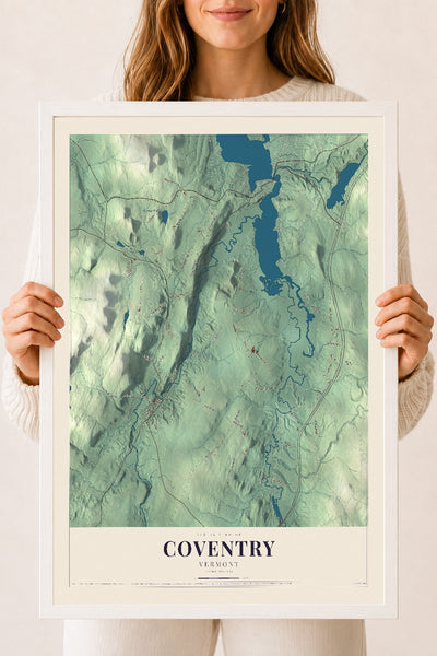 Coventry, Vermont map print - 18 x 24 white Ayous wood frame