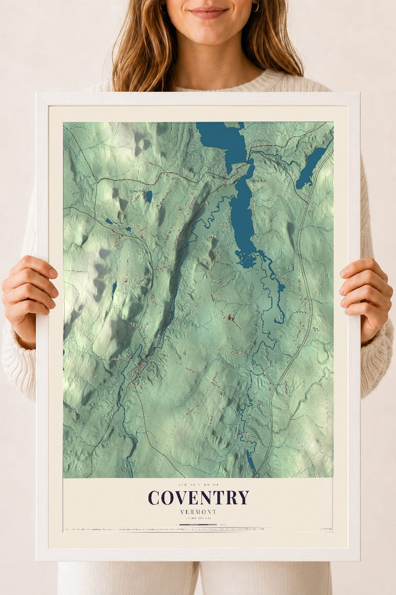 Coventry, Vermont map print - 18 x 24 white Ayous wood frame