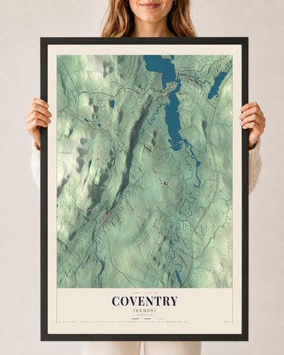 Coventry, Vermont map print - 24 x 36 black Ayous wood frame