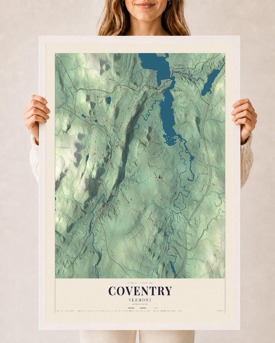 Coventry, Vermont map print - 24 x 36 white Ayous wood frame