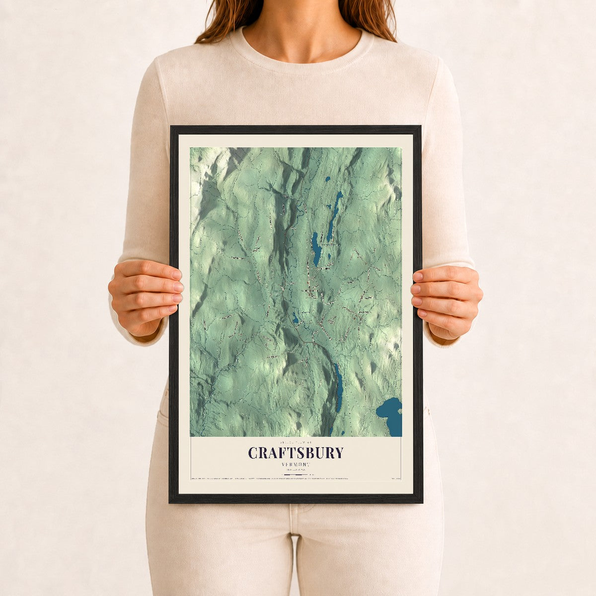 Craftsbury, Vermont map print - 12 x 18 black Ayous wood frame