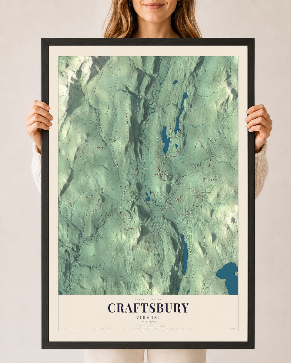 Craftsbury, Vermont map print - 24 x 36 black Ayous wood frame
