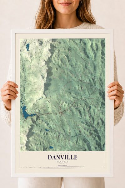 Danville, Vermont map print - 18 x 24 white Ayous wood frame