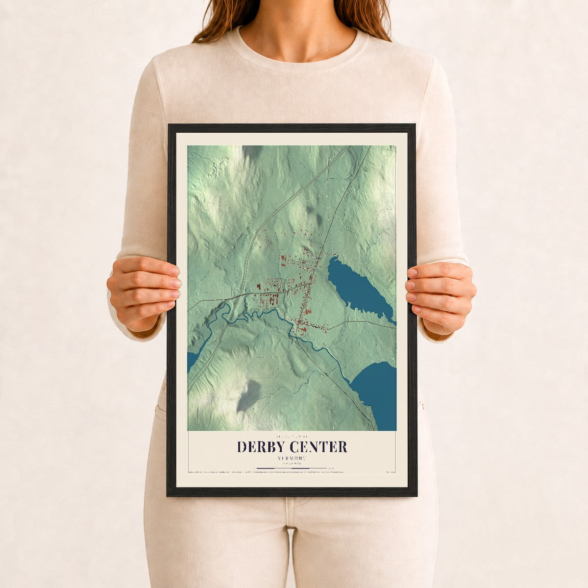Derby Center, Vermont map print - 12 x 18 black Ayous wood frame
