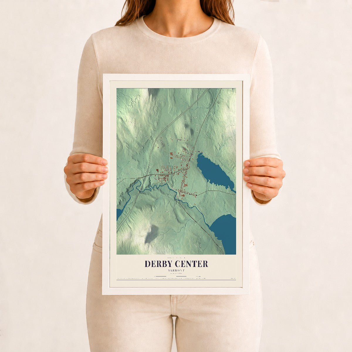 Derby Center, Vermont map print - 12 x 18 white Ayous wood frame