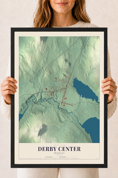 Derby Center, Vermont map print - 18 x 24 black Ayous wood frame