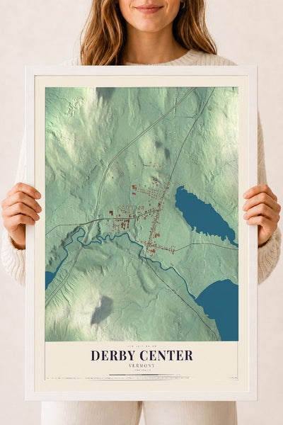 Derby Center, Vermont map print - 18 x 24 white Ayous wood frame