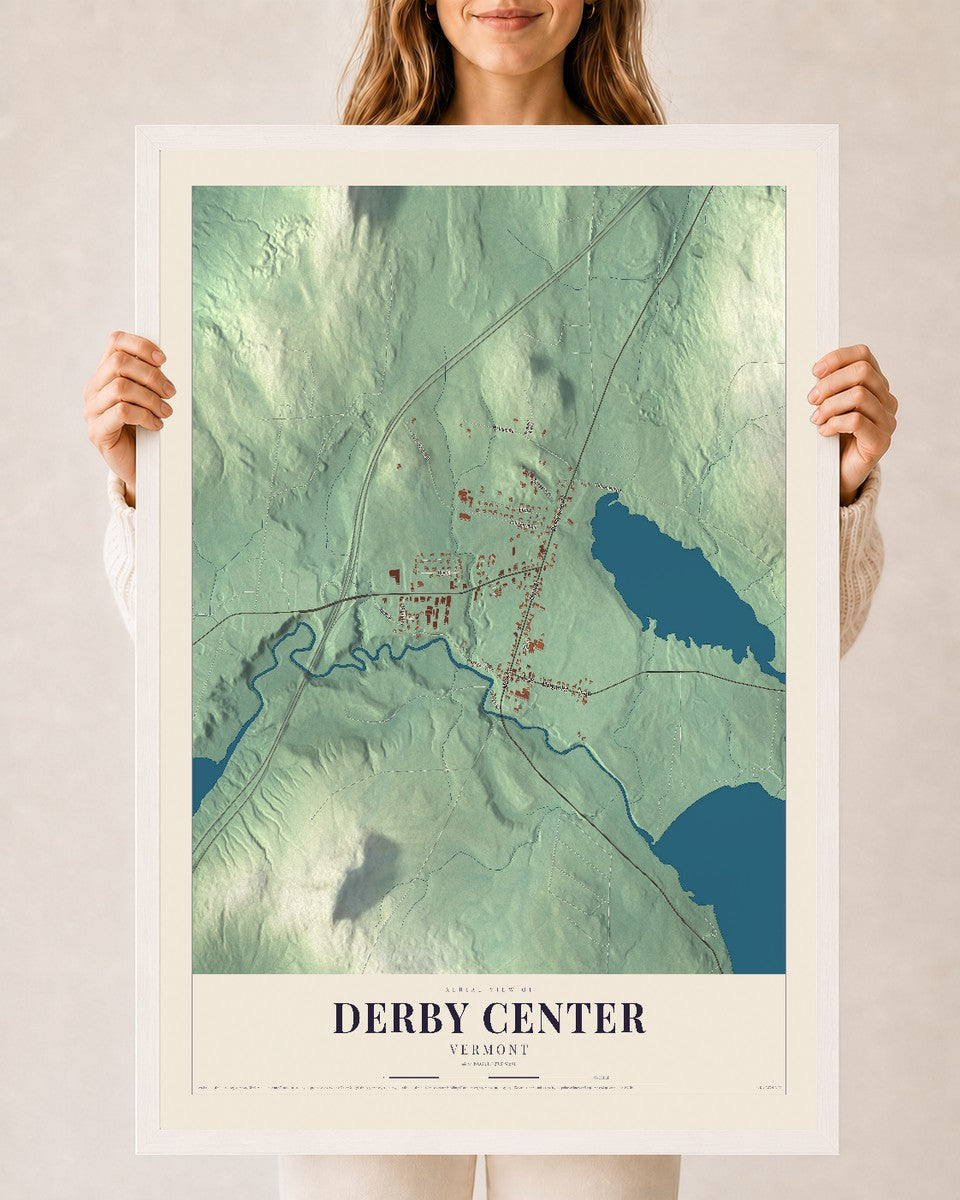 Derby Center, Vermont map print - 24 x 36 white Ayous wood frame
