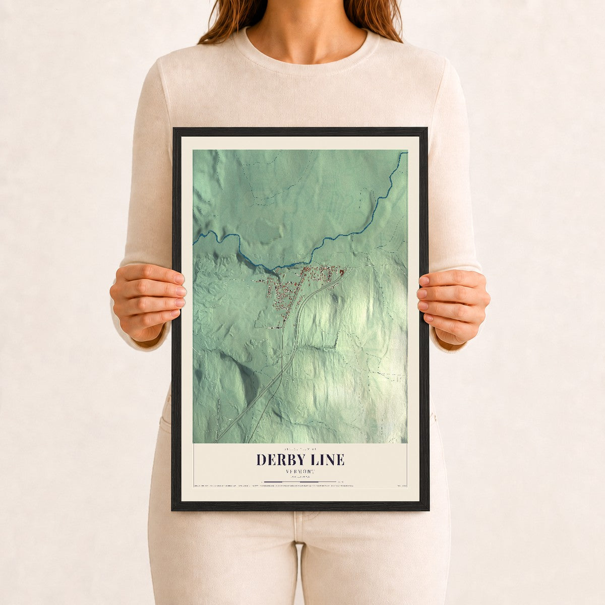 Derby Line, Vermont map print - 12 x 18 black Ayous wood frame