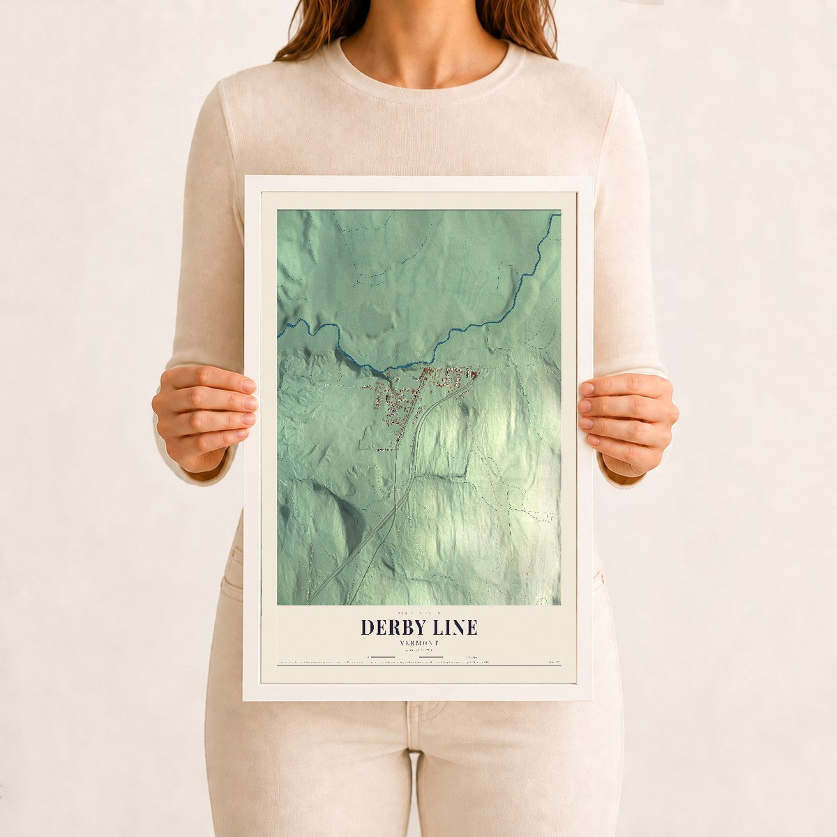 Derby Line, Vermont map print - 12 x 18 white Ayous wood frame