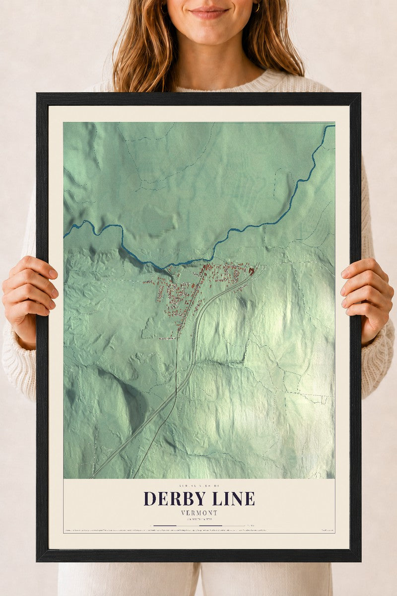 Derby Line, Vermont map print - 18 x 24 black Ayous wood frame
