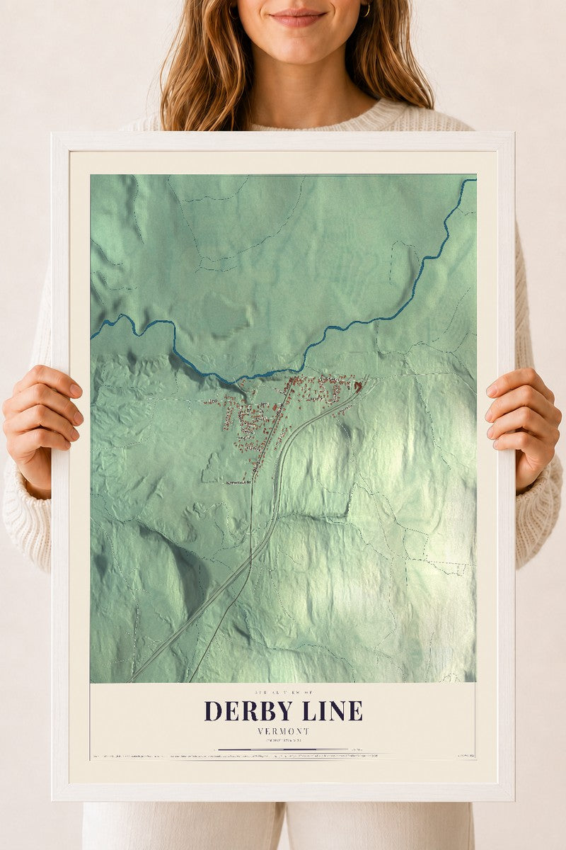 Derby Line, Vermont map print - 18 x 24 white Ayous wood frame