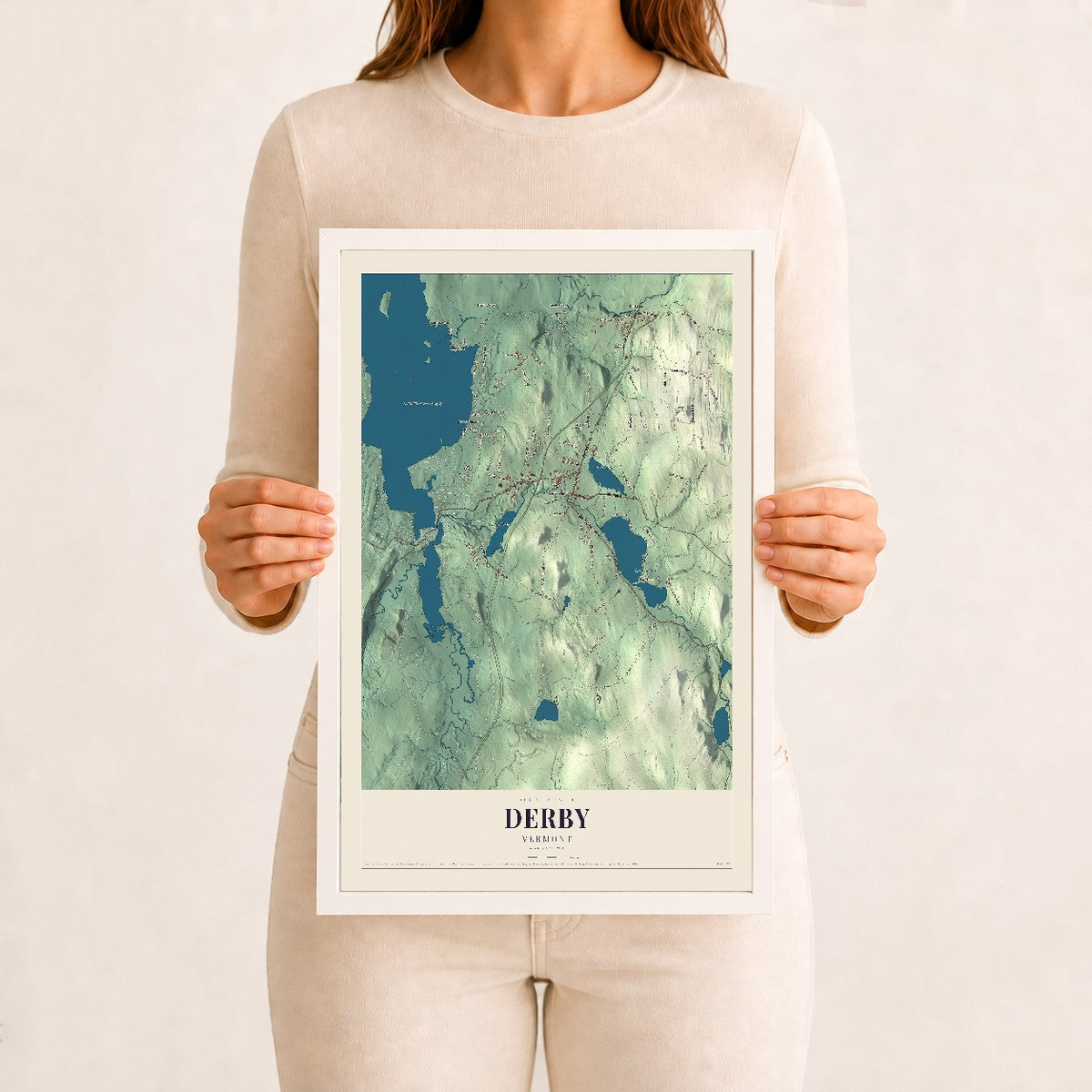 Derby, Vermont map print - 12 x 18 white Ayous wood frame