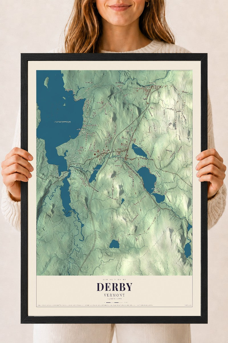 Derby, Vermont map print - 18 x 24 black Ayous wood frame