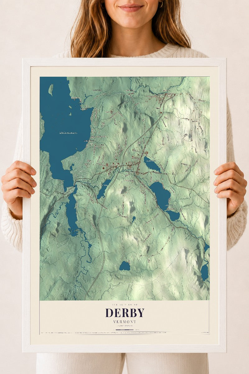 Derby, Vermont map print - 18 x 24 white Ayous wood frame
