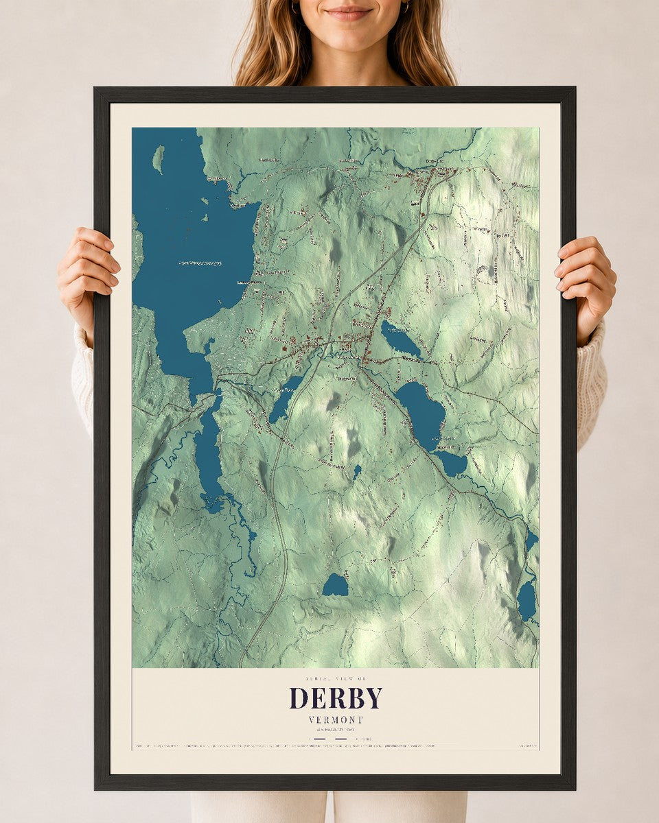 Derby, Vermont map print - 24 x 36 black Ayous wood frame