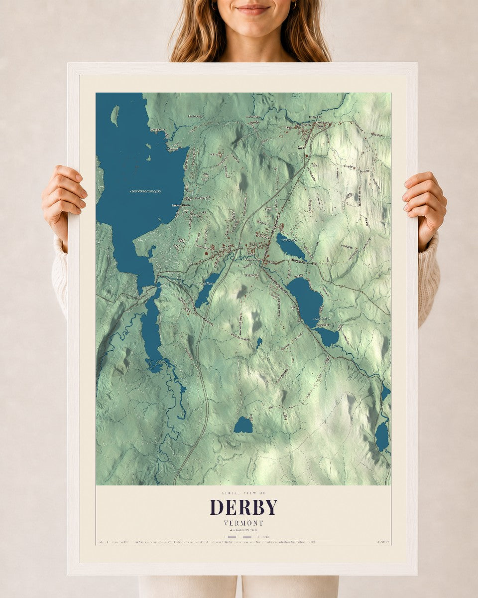 Derby, Vermont map print - 24 x 36 white Ayous wood frame