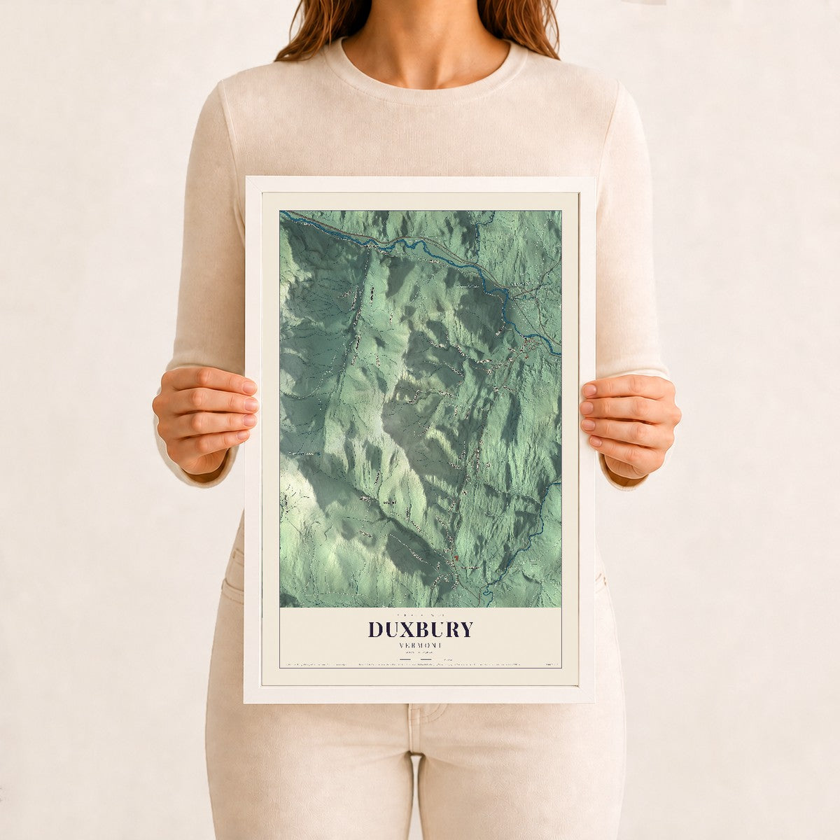 Duxbury, Vermont map print - 12 x 18 white Ayous wood frame