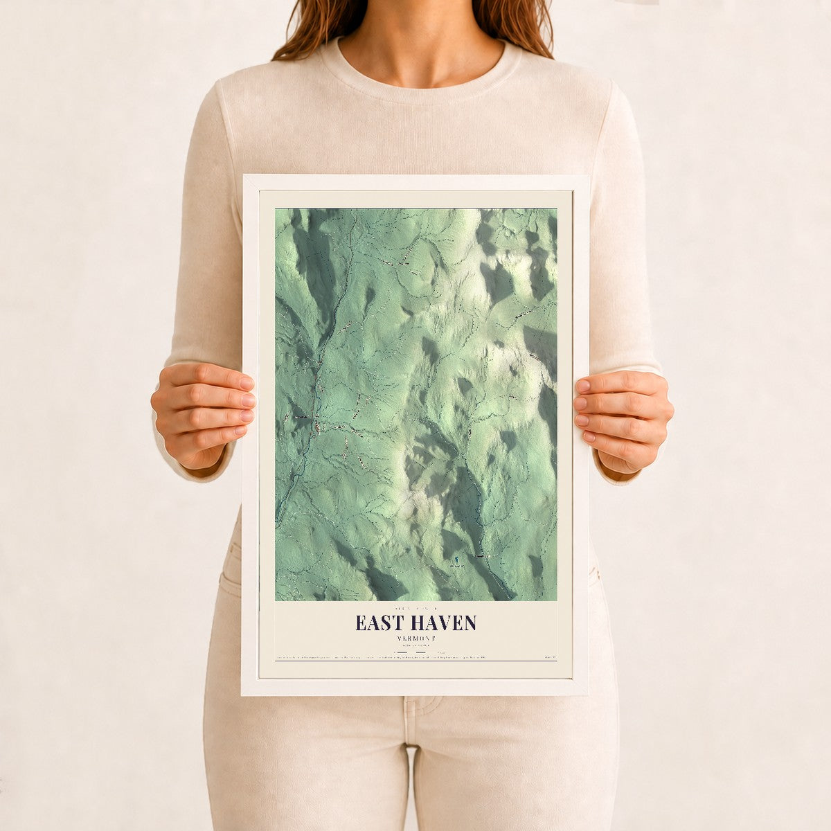 East Haven, Vermont map print - 12 x 18 white Ayous wood frame