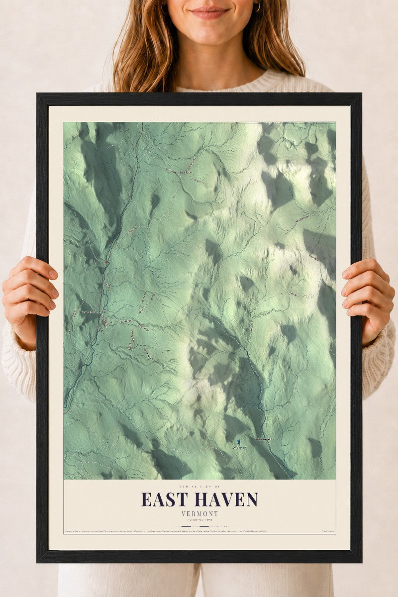 East Haven, Vermont map print - 18 x 24 black Ayous wood frame