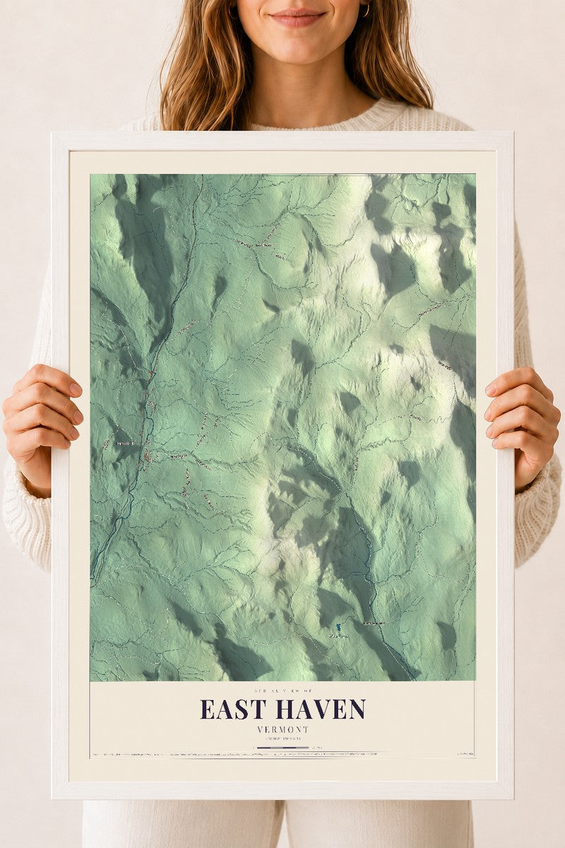 East Haven, Vermont map print - 18 x 24 white Ayous wood frame