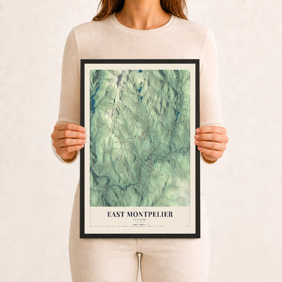 East Montpelier, Vermont map print - 12 x 18 black Ayous wood frame